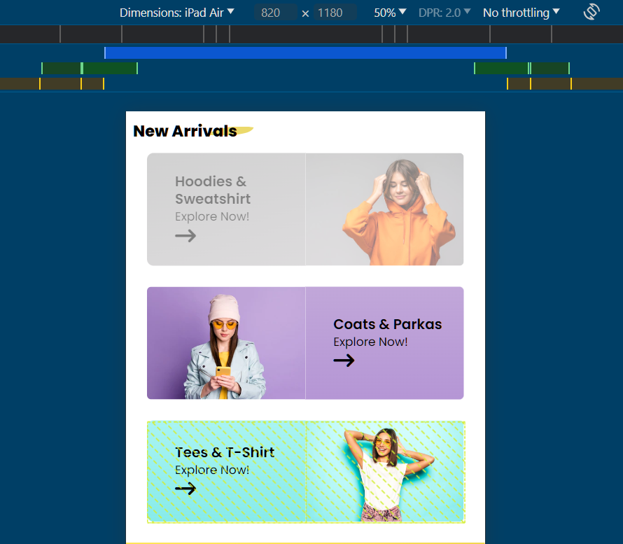 Tablet layout for 'Arrivals' Section